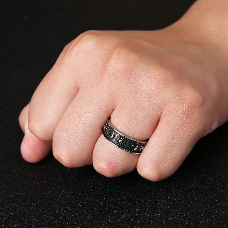Tohuu Relieves Star Sun Moon Ring Boho Stainless Steel Silver